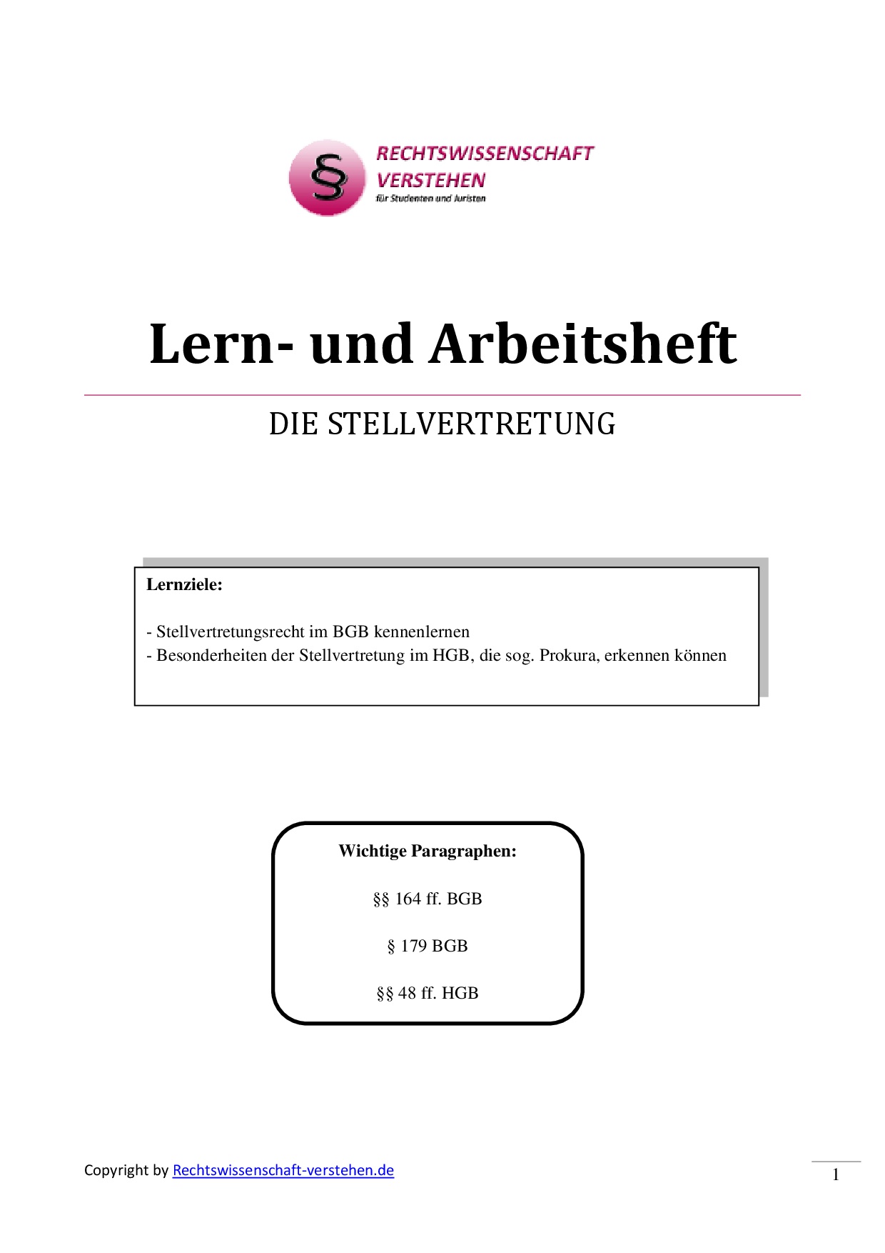 Lern- und Arbeitsheft zur Stellvertretung | Rechtswissenschaft Shop